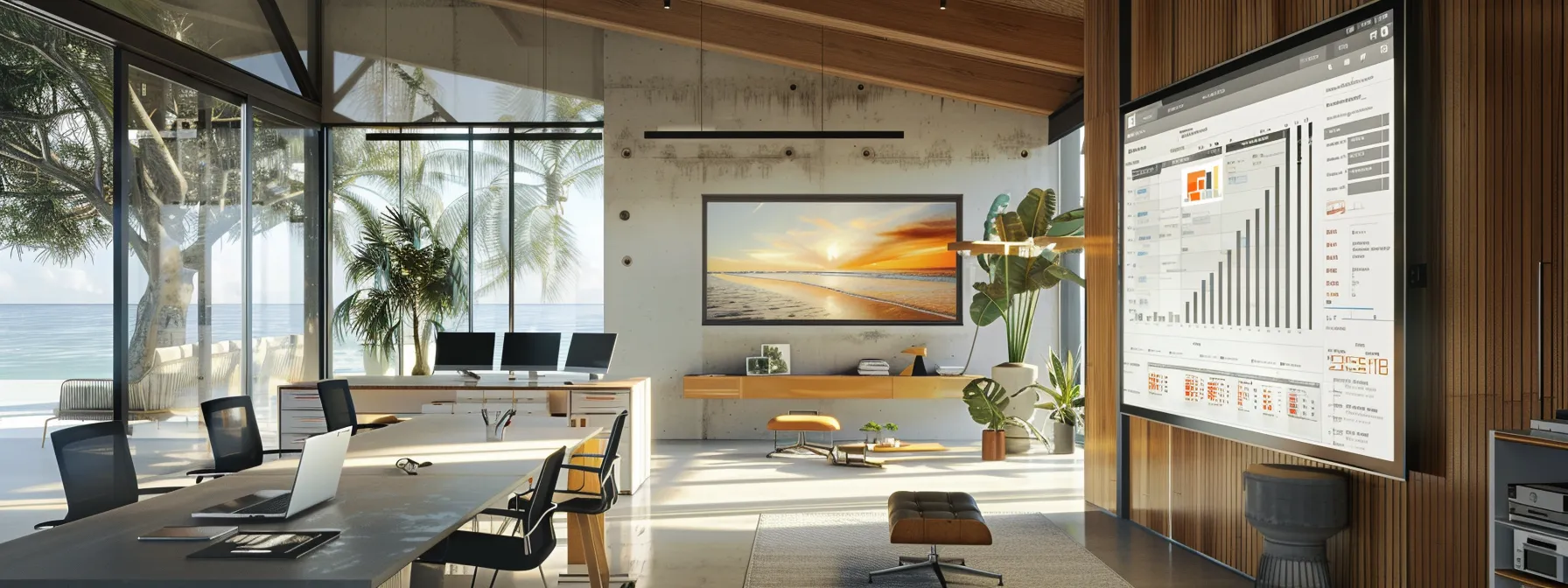 a sleek, modern office workspace with a large digital display showcasing analytics and keyword trends for roofing websites, complemented by construction blueprints and vibrant images of stylish beach home renovations set against a backdrop of coastal decor.