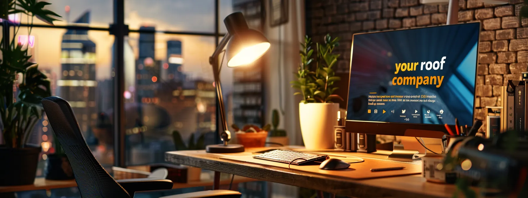 make it in relation to a roofing website, maybe computer screen with a "your roof company image" on a desk, in teh setting of an office